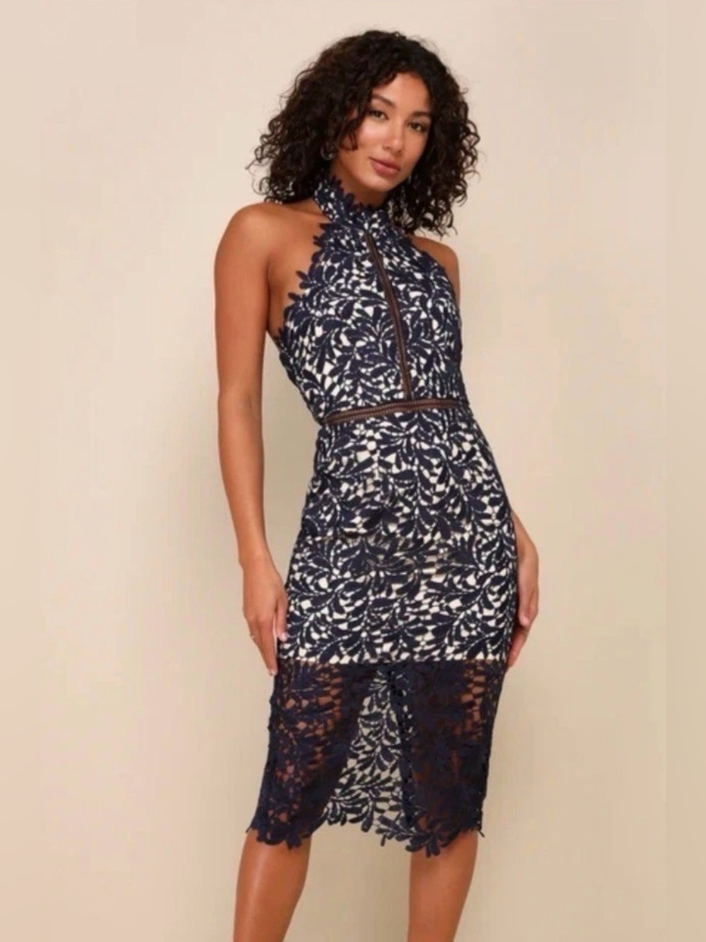 NWT Lulus navy blue lace halter midi dress S
